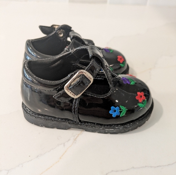 Vintage SEARS kids Black Patent Embroidered Dress Baby Shoes - Picture 2 of 6
